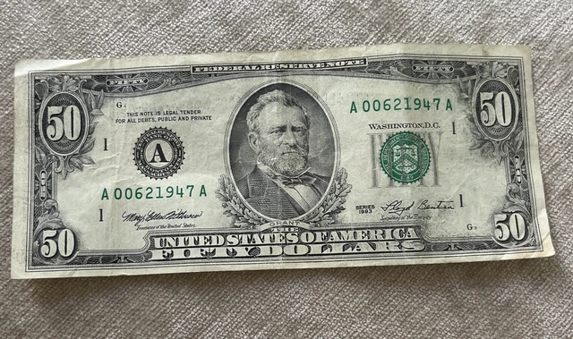 1993 Series (A) $50 Fifty Dollar Bill Federal Reserve Note Vintage Currency