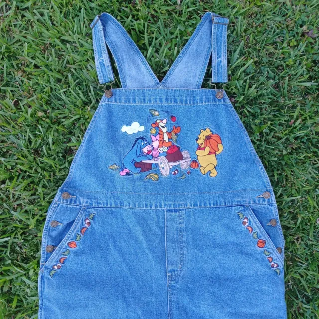 Vintage Winnie The Pooh Overalls Womens XL Denim Blue Embroidered Disney Cotton
