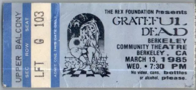 Grateful Morti Mail Ordine Concerto Ticket Stub Marzo 13 1985 Berkley California