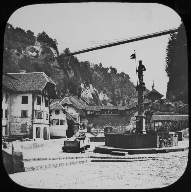 Glas Magic Laterne Rutsche ANSICHT AUF FRIBORG C1890 ALTES VIKTORIANISCHES FOTO SCHWEIZ