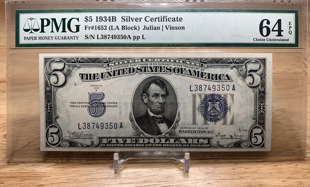 PMG64 1934B $5 Silver Certificate Choice Uncirculated PMG 64 EPQ 1934 LA Block