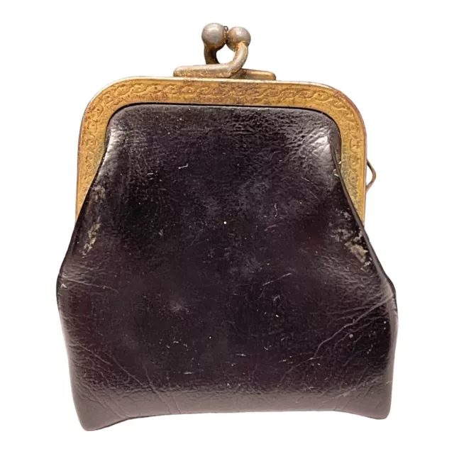 vintage antique small coin change purse single clasp black leather Look