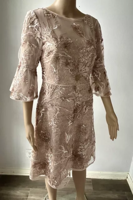 ADRIANNA PAPELL Womens Pink Gold Bell Sleeve Shift Sequin Dress Size 4 2