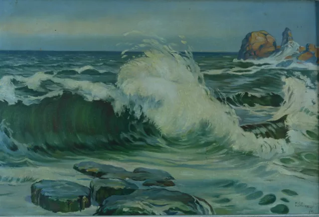 Tableau ancien paysage maritime bord de mer Vague Bretagne marine signé Mathieu