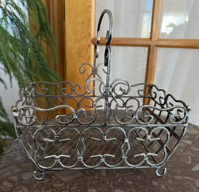 Vintage Gray Wrought Iron Plant Flower Basket Solid EUC 10” x 6”
