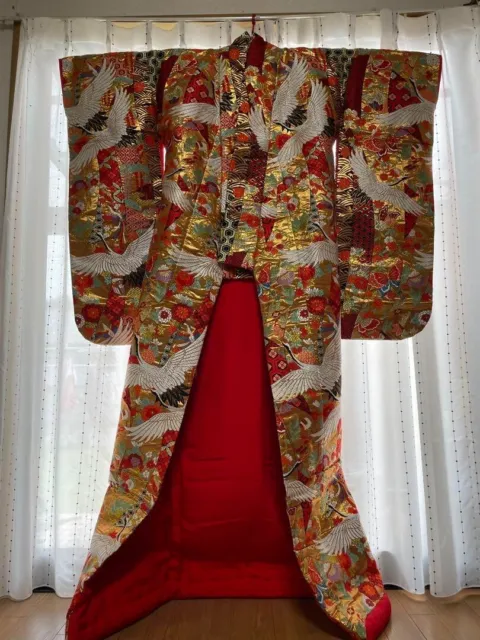 Japanese Kimono Robe Uchikake Dress Flying Crane Red Silk Gold Cosplay Luxurious