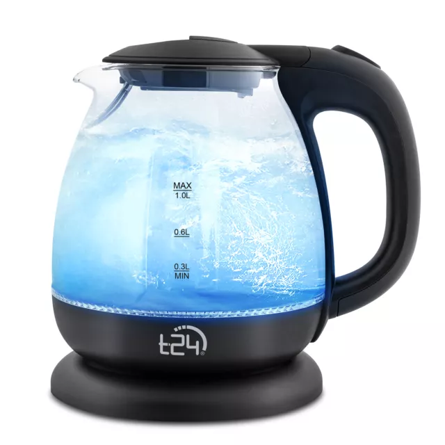 Borosilikatglas Mini Wasserkocher 1 Liter mit LED 1100 Watt TÜV GS, schwarz, T24