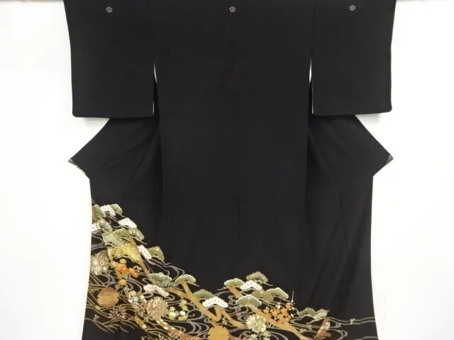 86371# Japanese Kimono / Antique Tomesode / Embroidery / Pine & Kiku