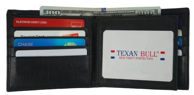Genuine Leather Black Center Flap Credit Card ID Holder Slim Bifold Mens Wallet