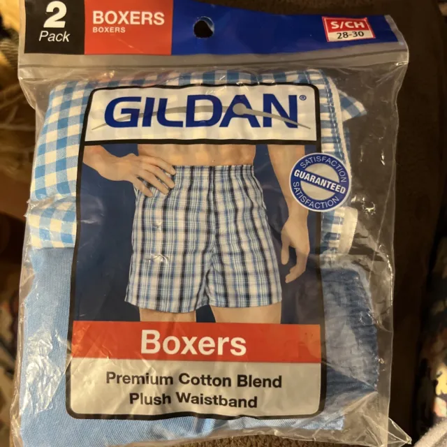 Gildan Mens 2 Pack Premium Cotton Blend Plaid & Solid Boxers Blue Size S 28-30