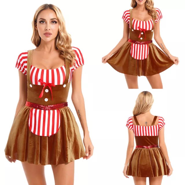 Women Christmas Santa Role Play Costume Stripe Velvet Short Sleeve Dresses w/hat