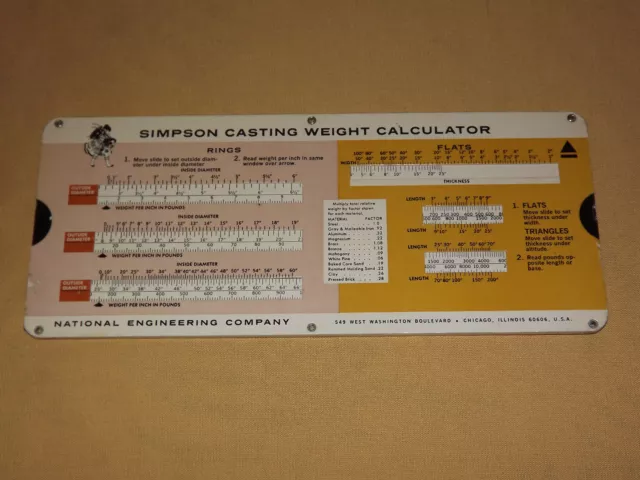 Vintage 1966 Simpson Casting Weight Slide Chart Calculator