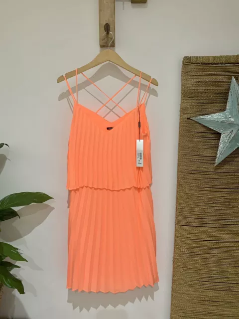 NWT Roman Coral Neon Orange Double Layered Pleated Short Blouson Dress Size 12