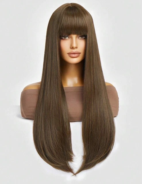 Perruque Synthétique Longue Brun Marron Cendré - Lisse, Avec Frange Et Bonnet Inclus, Taille Moyenne, Neuve Sans étiquettes