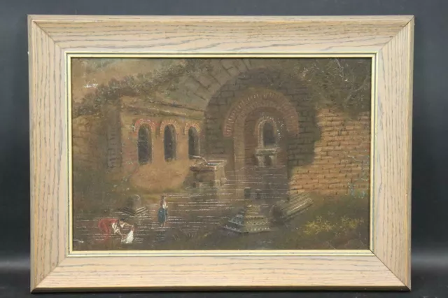 Antikes Gemälde, Sandmalerei, Ruinenlandschaft mit Personen, Biedermeier um 1830