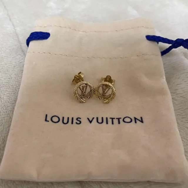 Auth LOUIS VUITTON Logo Puslglam Loulougram Iconic Earrings M00786 Gold JP