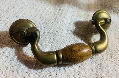 antique vintage hardware bail drawer pull chippendale brass & oak 3 1/2”centers