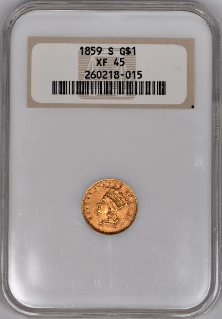 1859-S Indian Princess Head Gold Dollar $1 NGC XF45 "Fatty" Holder