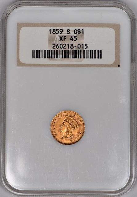 1859-S Indian Princess Head Gold Dollar $1 NGC XF45 "Fatty" Holder