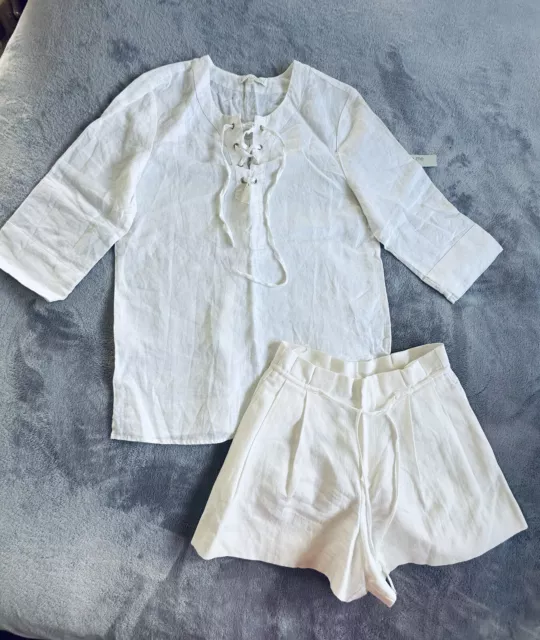 Zara Womens White Linen High Waist Shorts and Blouse Set Size S