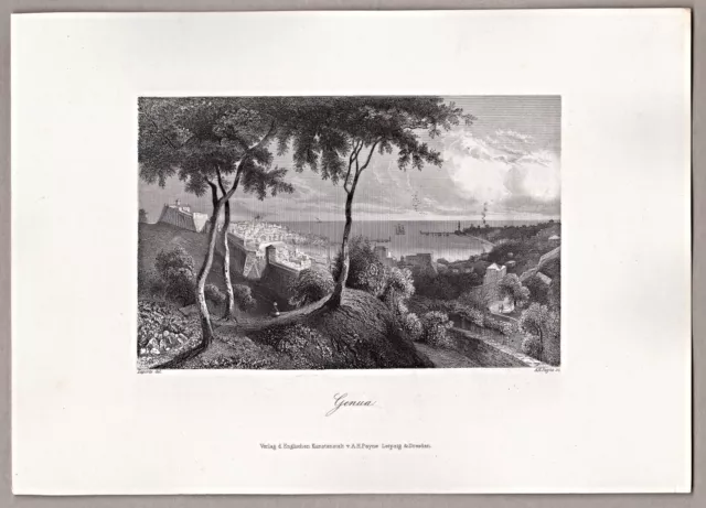 Genua, Italy, Italien - Blick a. d. Bucht und Stadt - Stich, Stahlstich um 1850