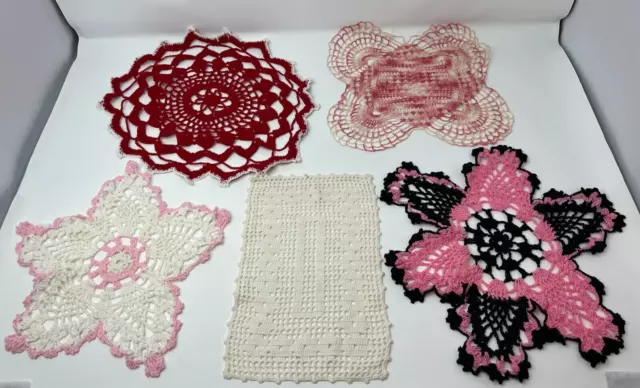 Lot of 5 Vintage Estate Find - Hand Crochet Doilies Red Pink Black White Round