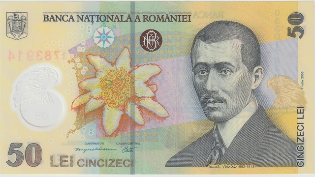 Romania 50 Lei Banknote Polymer 2005 Choice About Uncirculated Cond Pick#120-A