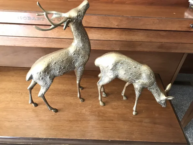 Solid Brass Buck Doe Deer Figure Set of 2 Vintage Mid Century