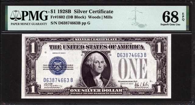 $1 1928B Silver Certificate FR 1602 PMG 68 EPQ - FINEST KNOWN FOR THE D-B BLOCK