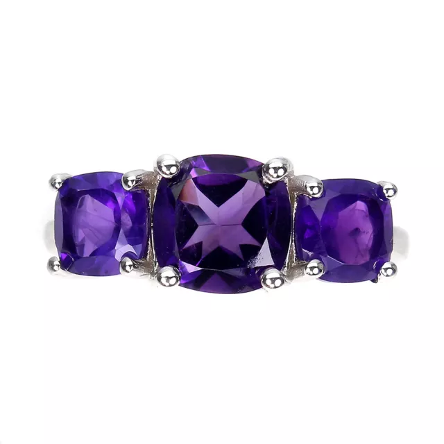 Unheated Cushion Amethyst 8mm 14K White Gold Plate 925 Sterling Silver Ring