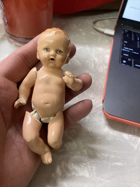 Antique Vintage German Bisque Miniature Baby Doll 5 Inches Strung