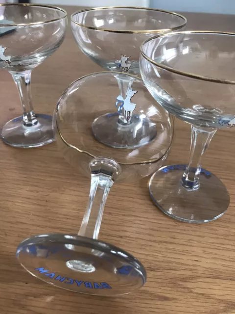 1950's RARE BABYCHAM GLASSES x 4 WITH WHITE FAWN, Rarely Used. Hexagonal Stems