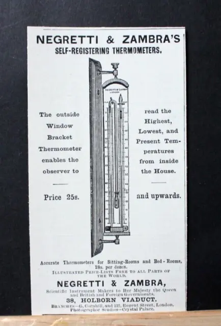 1895 Print Advert 'NEGRETTI & ZAMBRA SELF-REGULATING THERMOMETERS' 5" x 2.75"