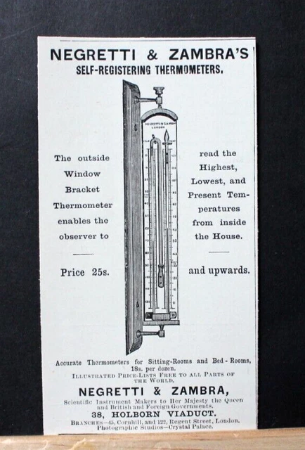 1895 Print Advert 'NEGRETTI & ZAMBRA SELF-REGULATING THERMOMETERS' 5" x 2.75"