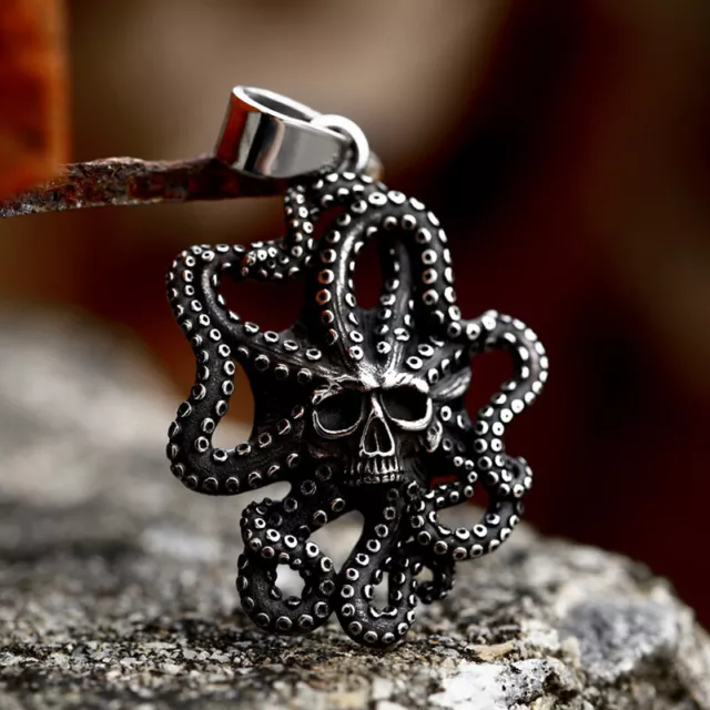 Vintage Mens Octopus Sea Monster Skull Necklace Pendant Stainless Steel