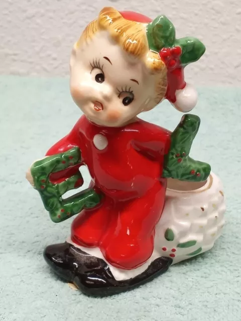 Vintage CHRISTMAS GIRL FIGURINE NOEL RED PJs WHITE BASKET JAPAN CARRYING E L