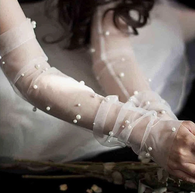 Womens Long White Fingerless Tulle Bridal Gloves With Pearls Long Cuffs