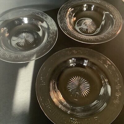 Set Of 3 H.P. Sinclaire Cut Glass 9” Soup Bowls ~ Greek Key Rim Design Signed💙