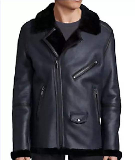 S Blk Dnm Men Black Real Shearling  Fur Leather Biker Bomber Flight B-3 Jacket