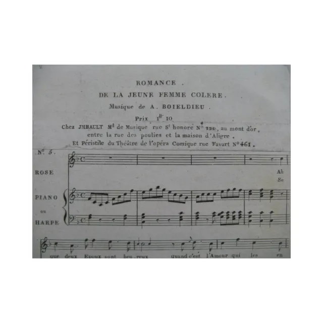 BOIELDIEU Adrien La Jeune Femme Colère No 5 Romance Chant Piano ou Harpe 1805