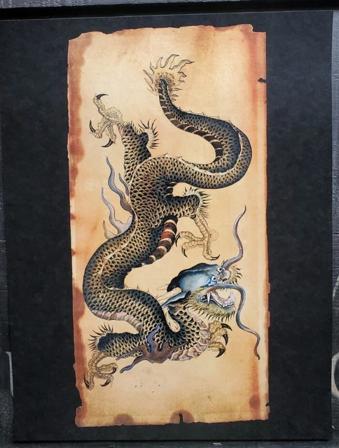 ¿Impresión profesional antigua década de 1900 británica? japonés? dragón irezumi tatuaje flash 11x14