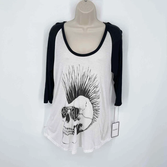 Lauren Moshi Frankie 3/4 Raglan Baseball Rock Skull T-Shirt NEW M White Black