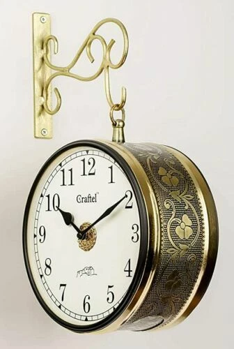 Métal Analogue Double Face Vintage Station Horloge Murale en Laiton Doré, 20.3cm