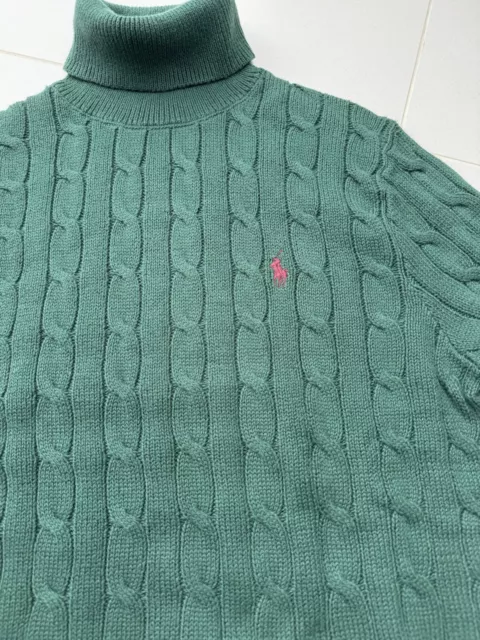 POLO RALPH LAUREN Cable Knit Cotton Roll  Turtle Neck Green Jumper Size Small