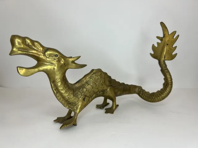 Vintage Solid Brass Dragon Figure Statue Asian NICE PATINA 9.5" Long 6.5" Tall