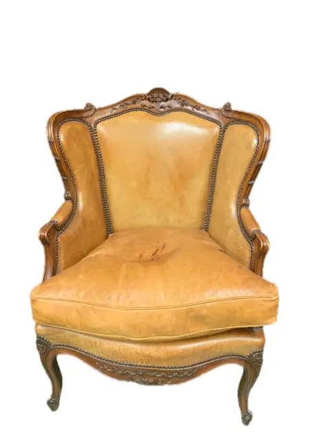 Prestigious Pair Of Ancient Armchairs Bergere For Fireplace Leather 3