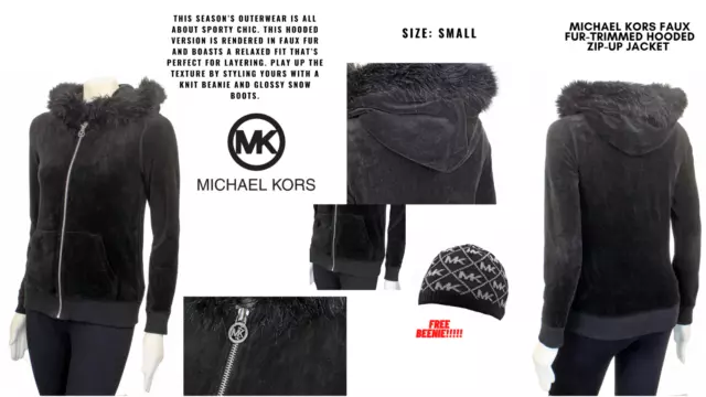 Michael Kors Women's Black Faux Fur-Trimmed Hooded Zip-Up Jacket: Size Small
