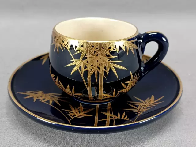Nikko Meiji Taisho Showa Japanese Satsuma Gold Palm Trees & Cobalt Cup & Saucer
