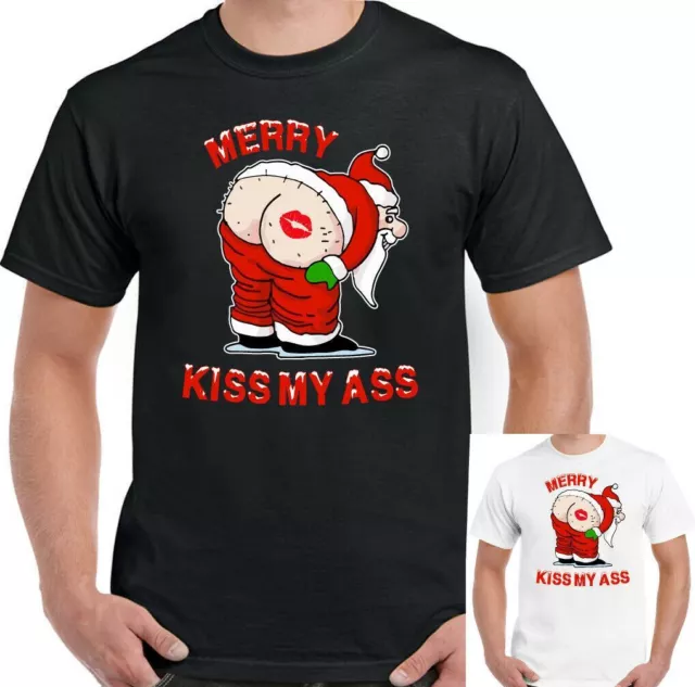 MERRY KISS MY ASS T-SHIRT Christmas Xmas Funny Offensive Santa TEE TOP Unisex