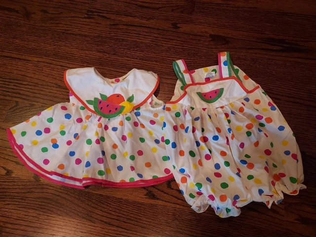 Vintage Baby Bubble Romper Dress Twins 12 Months Polka Dot Overalls watermelon
